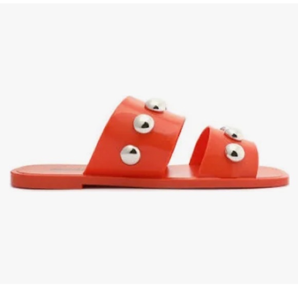 SCHUTZ Square Toe Lizzie Slide Studded Sandals Orange Silver Jelly Rubber New 10 - Picture 1 of 9